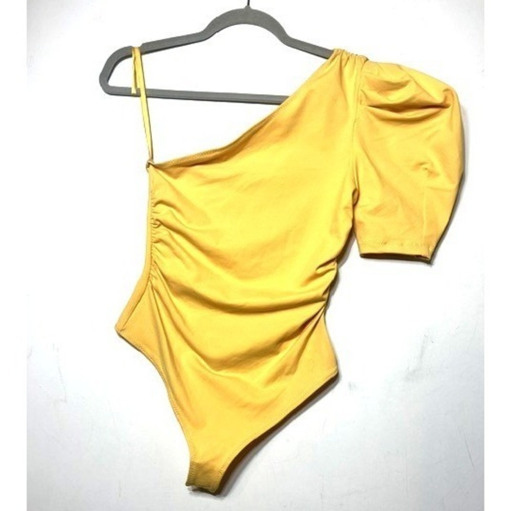Intimately Free People One Shoulder Puff Sleeve READ Yellow Ruched Thong XS - Picture 3 of 8